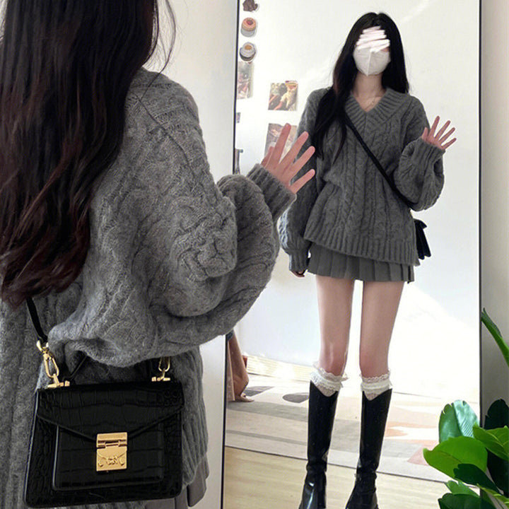 Damen Grobstrickpullover mit V-Ausschnitt und voluminösen Ärmeln Drune