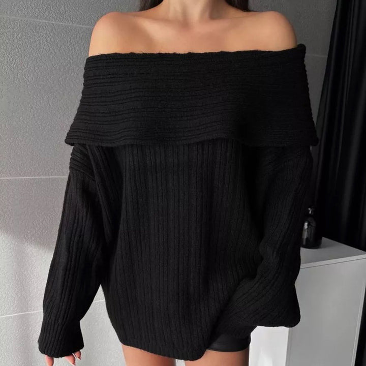 Damen Off-Shoulder Strickpullover mit Rippstruktur und weit geschnittenen Ärmeln Drune