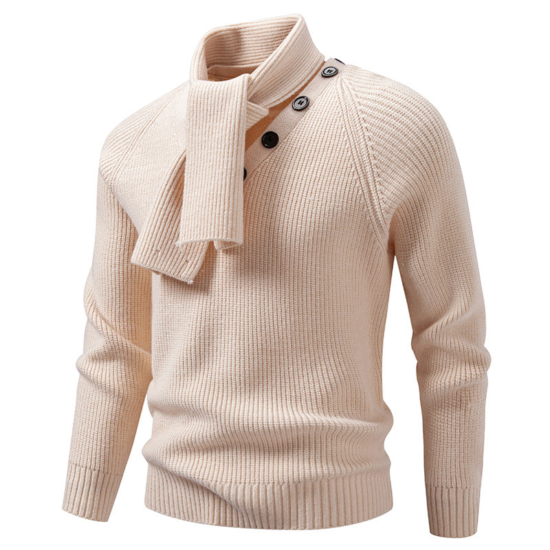 Herren Strickpullover mit integriertem Schlauchkragen-Schal und Knopfdetail Drune