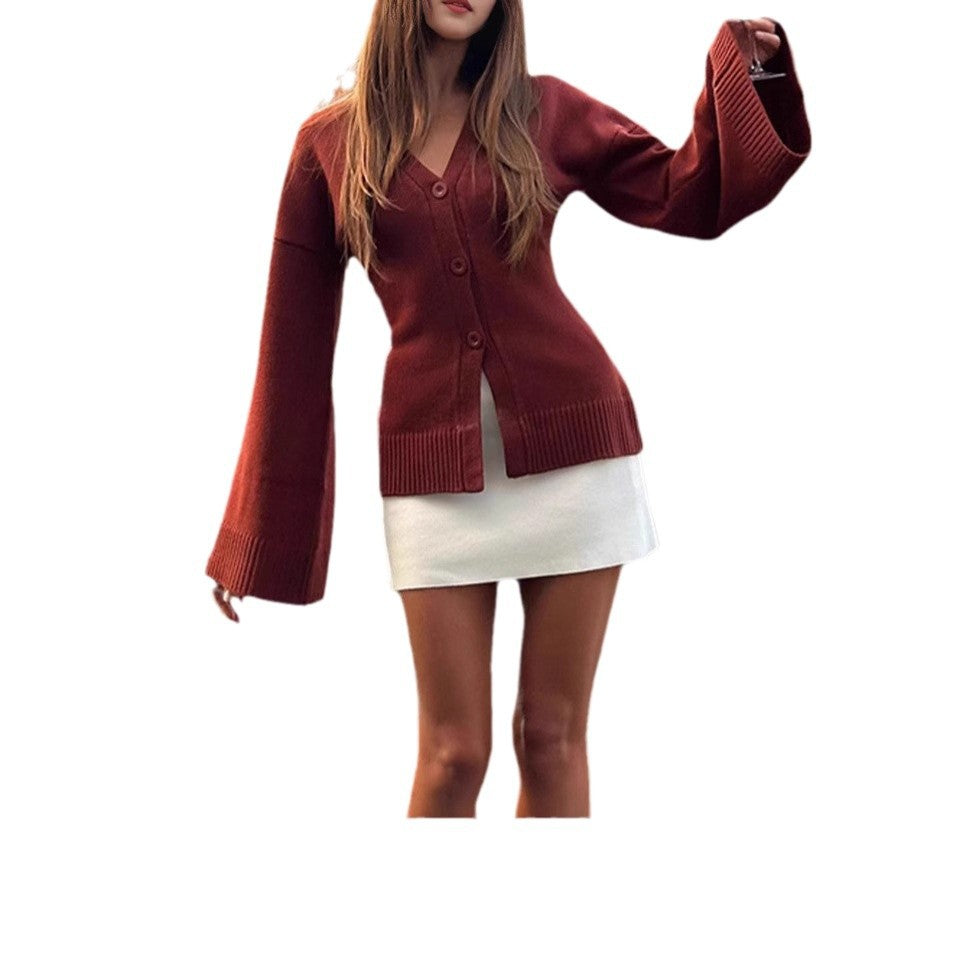 Damen Modischer Strickcardigan mit weitem Ärmel und eleganter Knopfleiste Drune