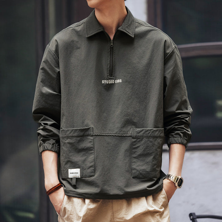 Herren Utility-Halbzip-Pullover mit Hemdkragen und Kängurutaschen Drune