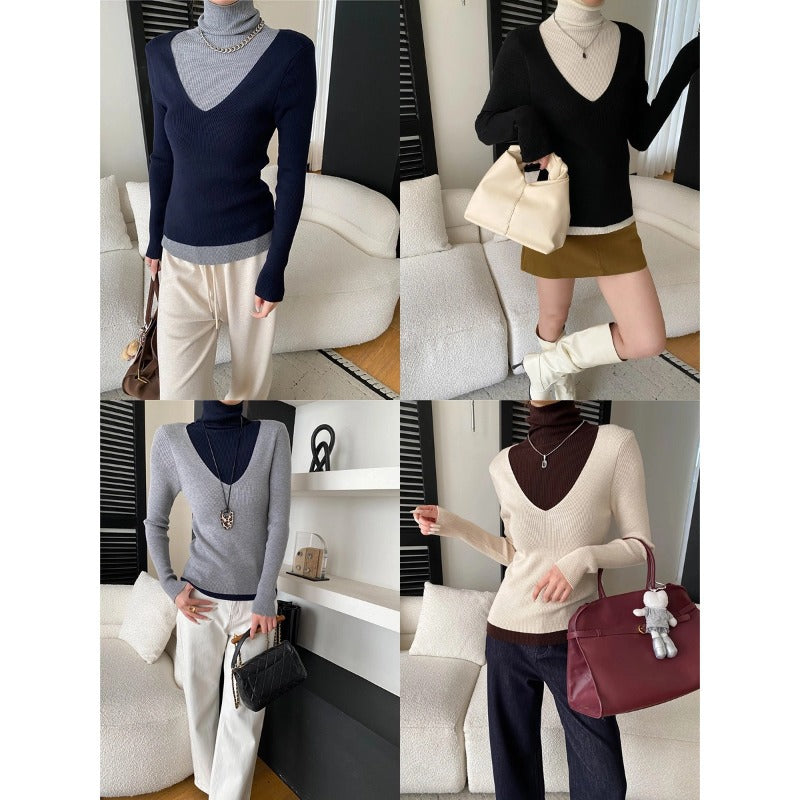 Damen figurbetontes V-Ausschnitt Pullover aus feinem Rippstrick Drune