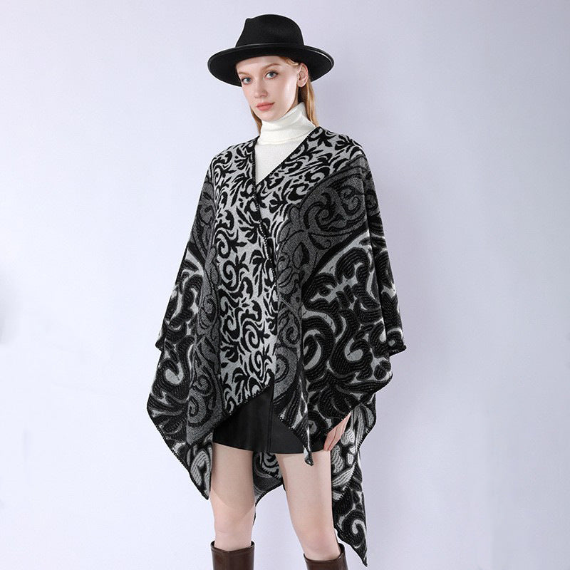 Damen Oversize-Kimono-Poncho im Jacquardstrick mit ornamentalem Muster und V-Ausschnitt Drune