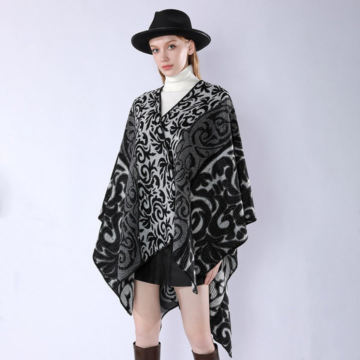 Damen Oversize-Kimono-Poncho im Jacquardstrick mit ornamentalem Muster und V-Ausschnitt Drune