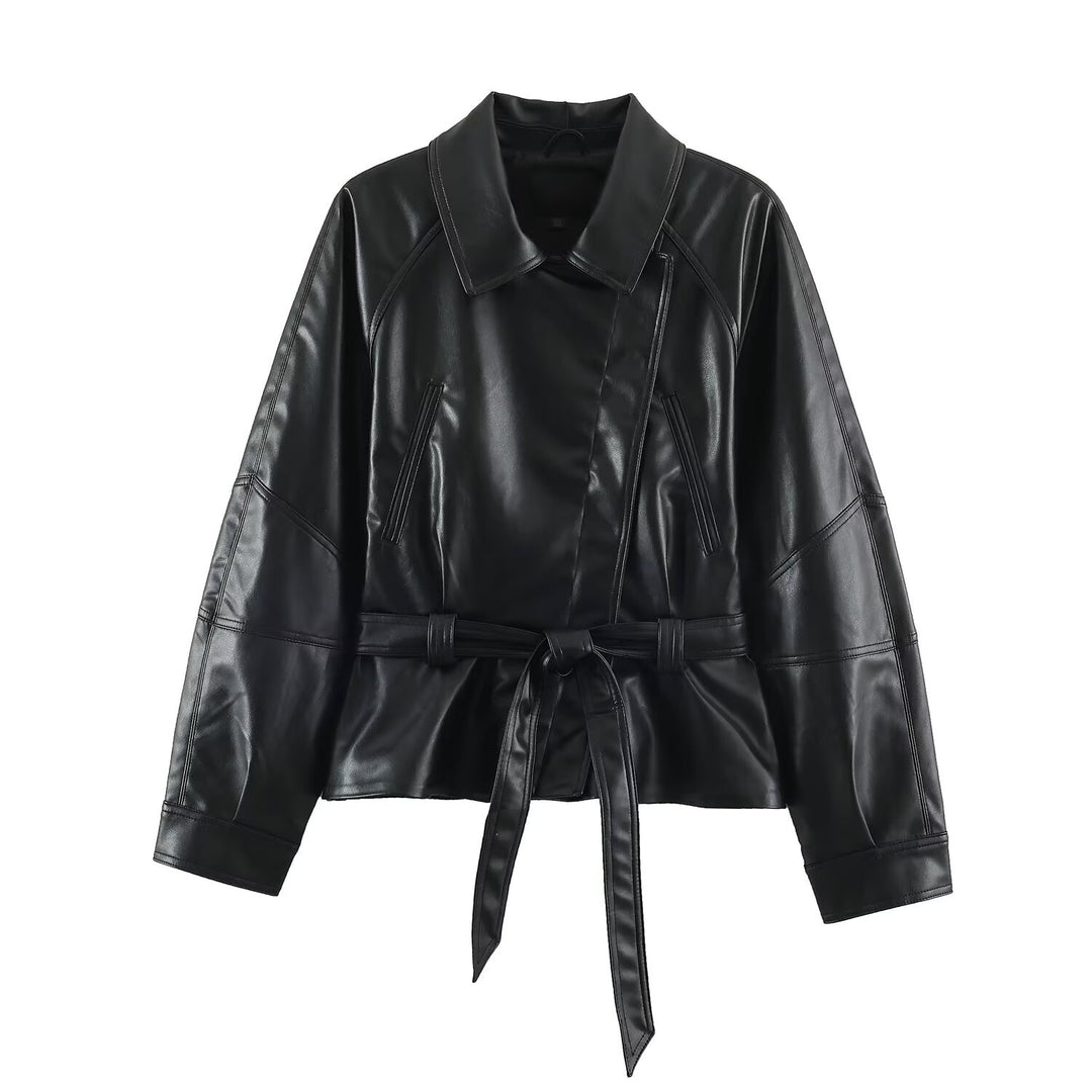 Damen Kurzjacke aus Lederimitat mit Taillengürtel und Oversize-Ärmeln Drune
