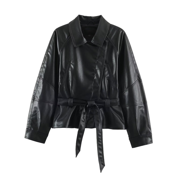 Damen Kurzjacke aus Lederimitat mit Taillengürtel und Oversize-Ärmeln Drune