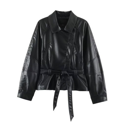 Damen Kurzjacke aus Lederimitat mit Taillengürtel und Oversize-Ärmeln Drune