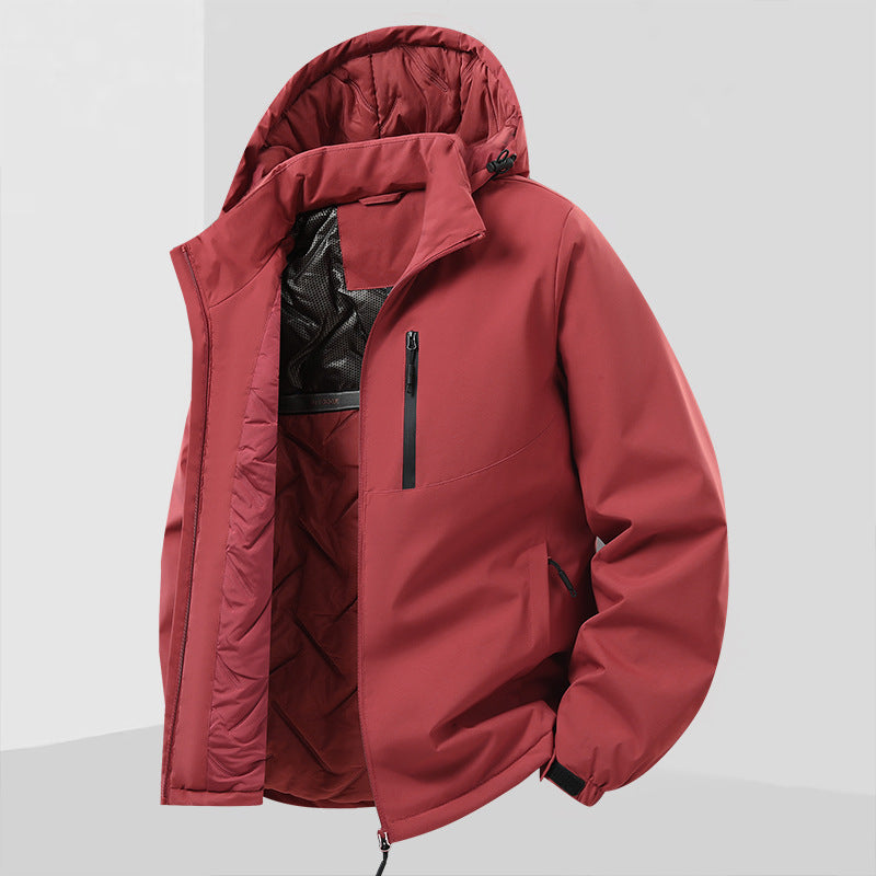 Herren Leichte isolierte Hybrid-Outdoorjacke mit Thermofutter, Kapuze und wasserdichten Reißverschlüssen Drune