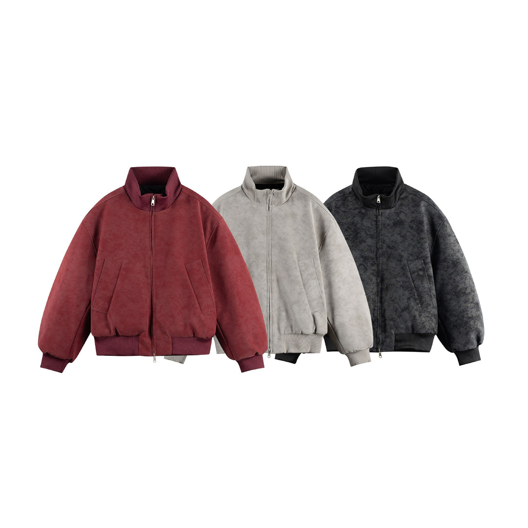 Damen Boxy-Bomberjacke im Vintage-Suede-Look mit hohem Rippkragen und Kängurutaschen Drune
