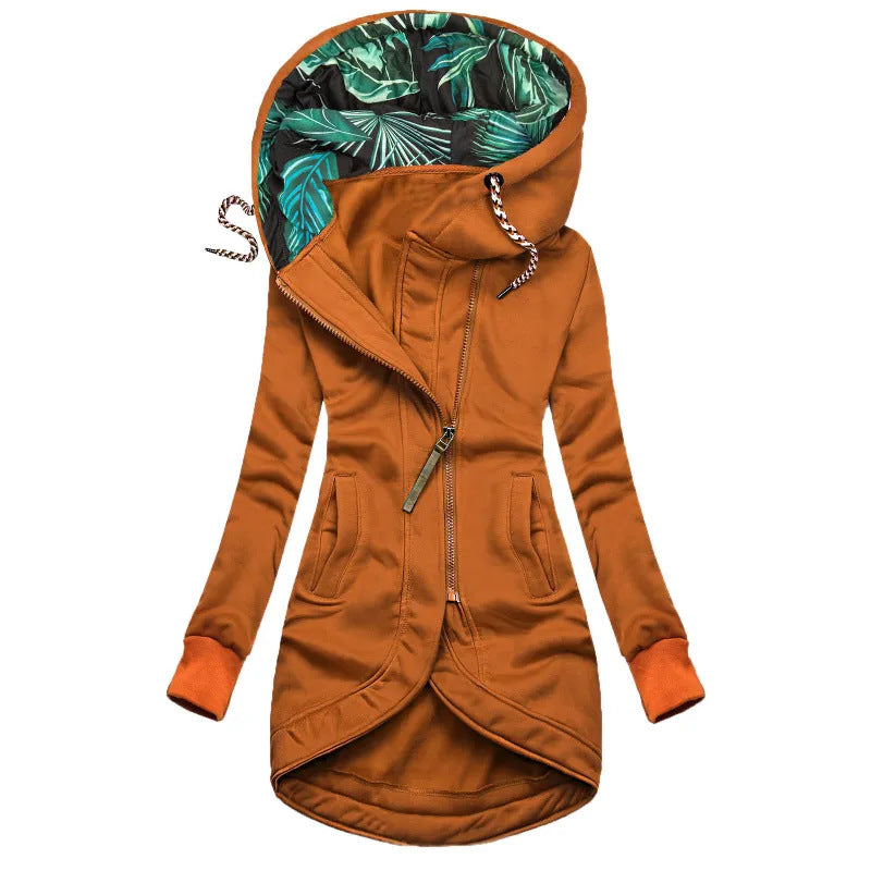 Damen asymmetrische Parka mit gefütterter tropischer Druckkapuze Drune