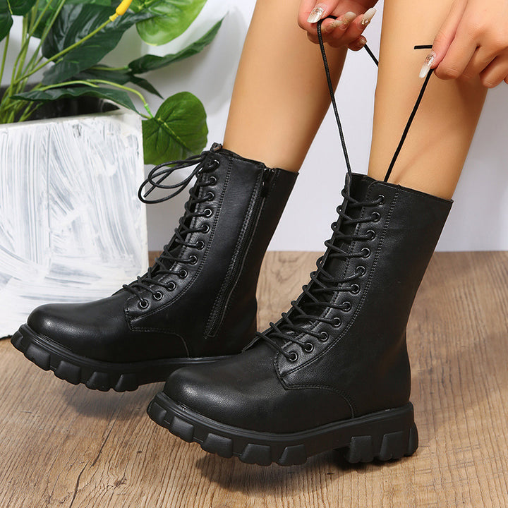 Damen Plateau-Bikerboots mit seitlichem Reißverschluss, Schnürung und markanter Profilsohle Drune