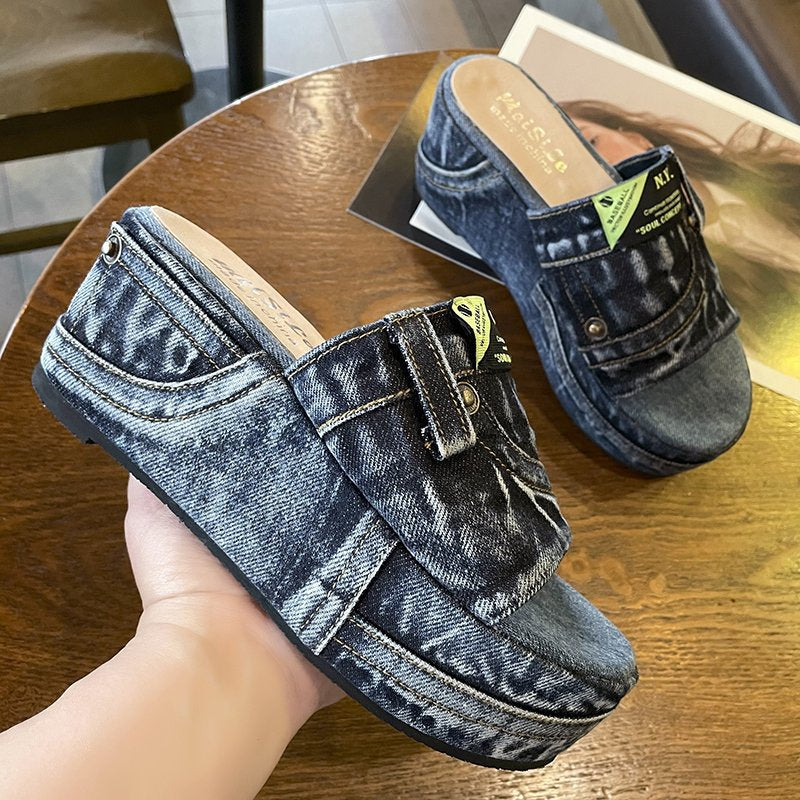 Damen nan Denim-Optik Plateau-Pantolette mit offener Zehenpartie und gepolstertem Fußbett Drune