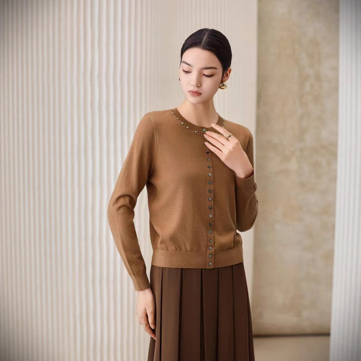 Damen Feiner Feinstrick-Cardigan mit Perlendekor am Rundhalsausschnitt Drune