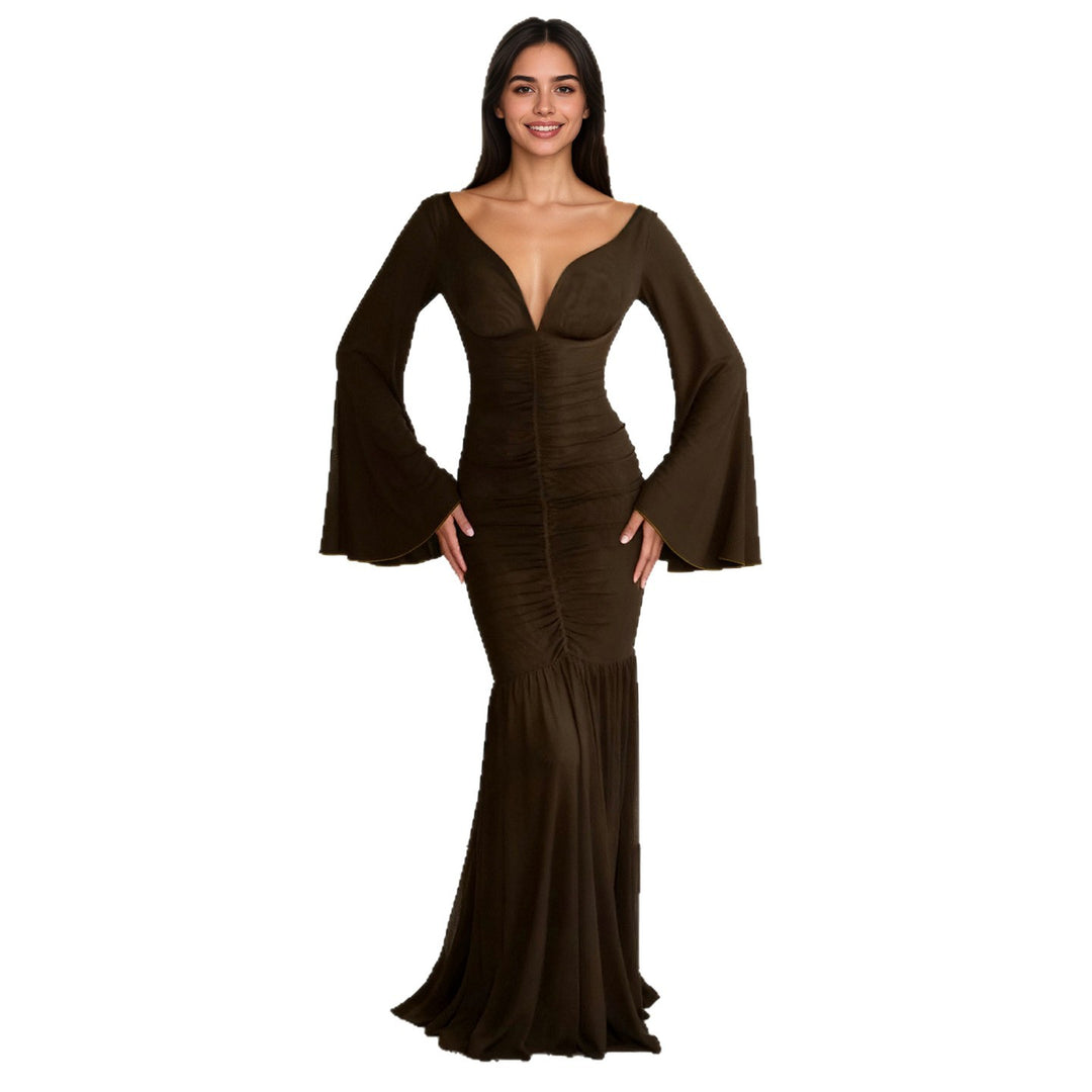 Damen nan gerafftes Maxikleid mit V-Ausschnitt, Trompetenärmeln und Stufenrüsche Drune