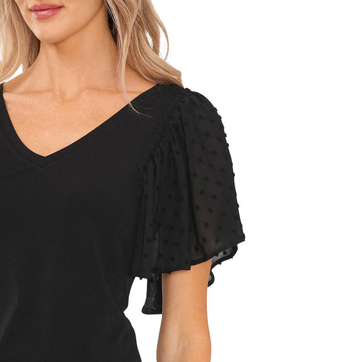 Damen V-Ausschnitt Bluse mit transparenten Rüschenschultern Drune