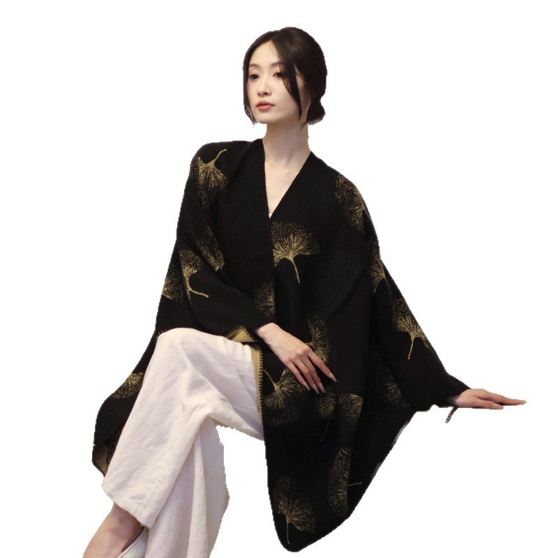 Damen Oversize‑Wickelcape aus jacquardgestricktem Wollmix mit Pusteblumenmuster Drune