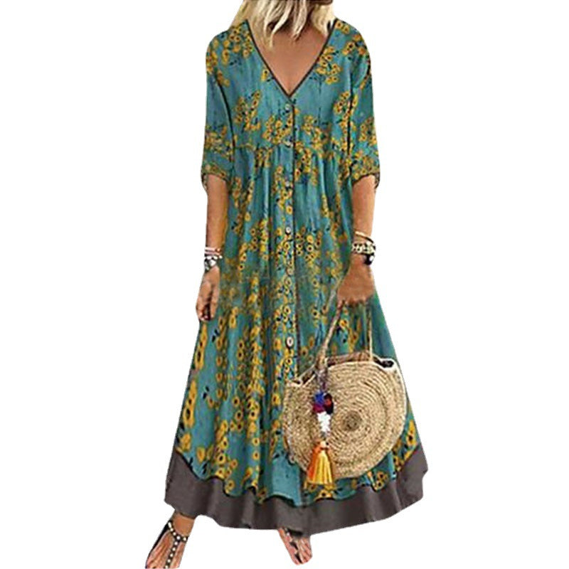Damen Maxikleid im Boho‑Stil mit V‑Ausschnitt, durchgehender Knopfleiste und Stufenrock Drune