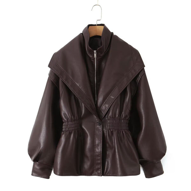 Damen Kunstlederjacke mit weitem Schalkragen und gerafftem Taillenbund Drune