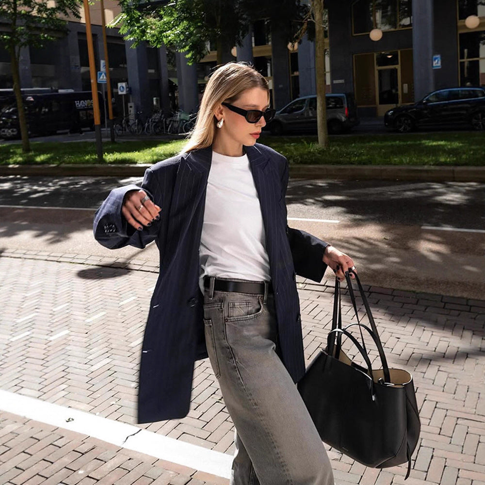 Damen Oversized Blazerjacke mit tailliertem Schnitt und feinen Nadelstreifen Drune
