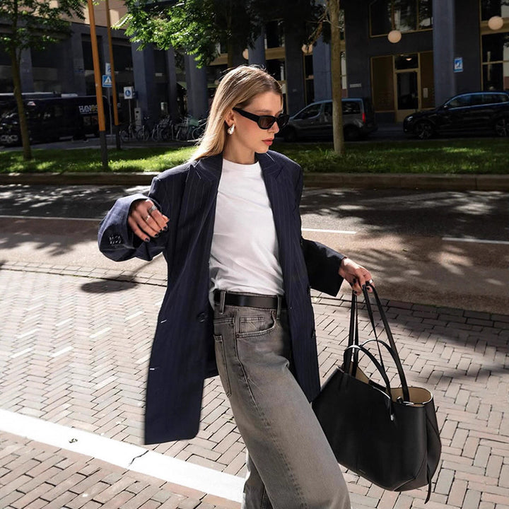 Damen Oversized Blazerjacke mit tailliertem Schnitt und feinen Nadelstreifen Drune