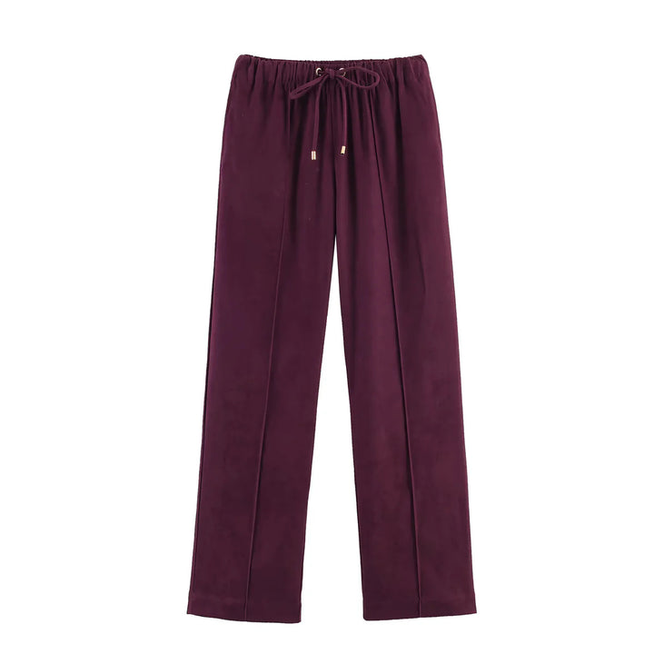 Damen nan gerade geschnittene Velourslederimitat-Hose mit Elastikbund und Kordel Drune