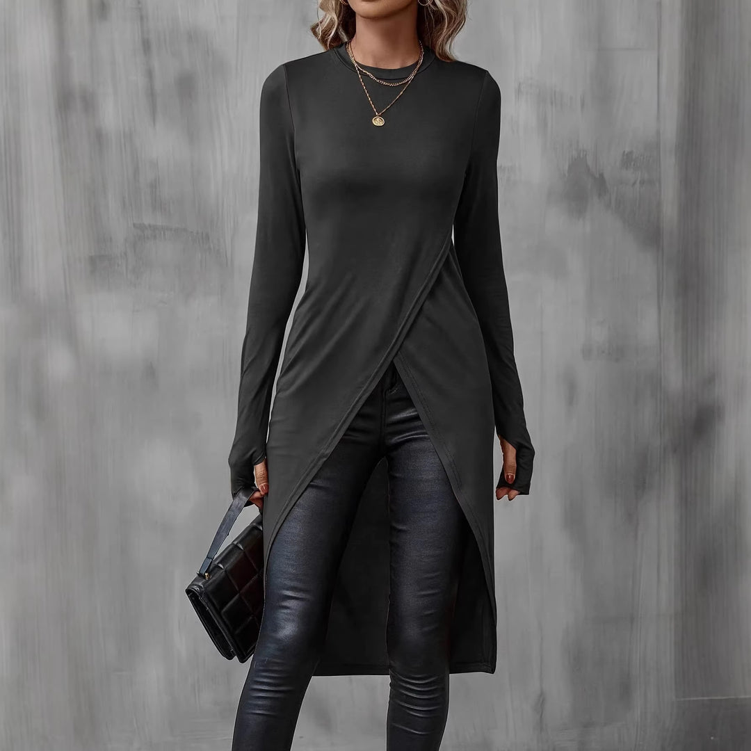 Damen Langes asymmetrisches Wickel-Tunika-Top mit Frontschlitz Drune