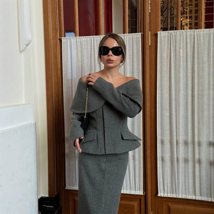 Damen Elegantes Bouclé-Set mit schulterfreiem Jackett und tailliertem Bleistiftrock Drune