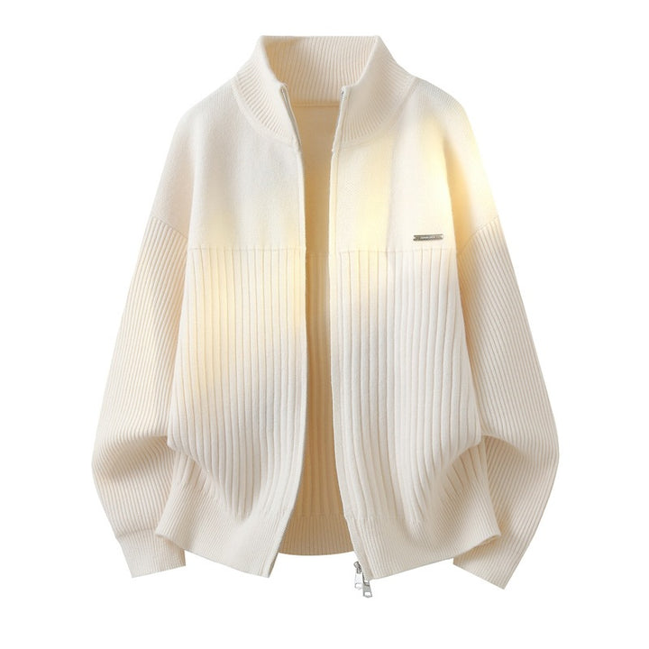 Unisex Oversize Strick-Cardigan mit Stehkragen, durchgehendem Reißverschluss & Struktur-Rippstrick Drune