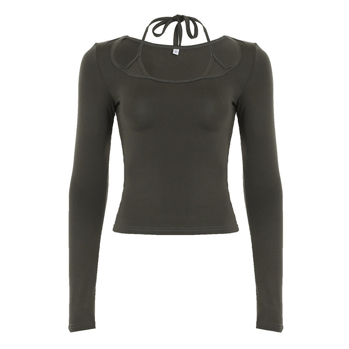 Damen nan figurbetontes Langarm-Top mit Neckholder-Bindung und eckigem Ausschnitt Drune