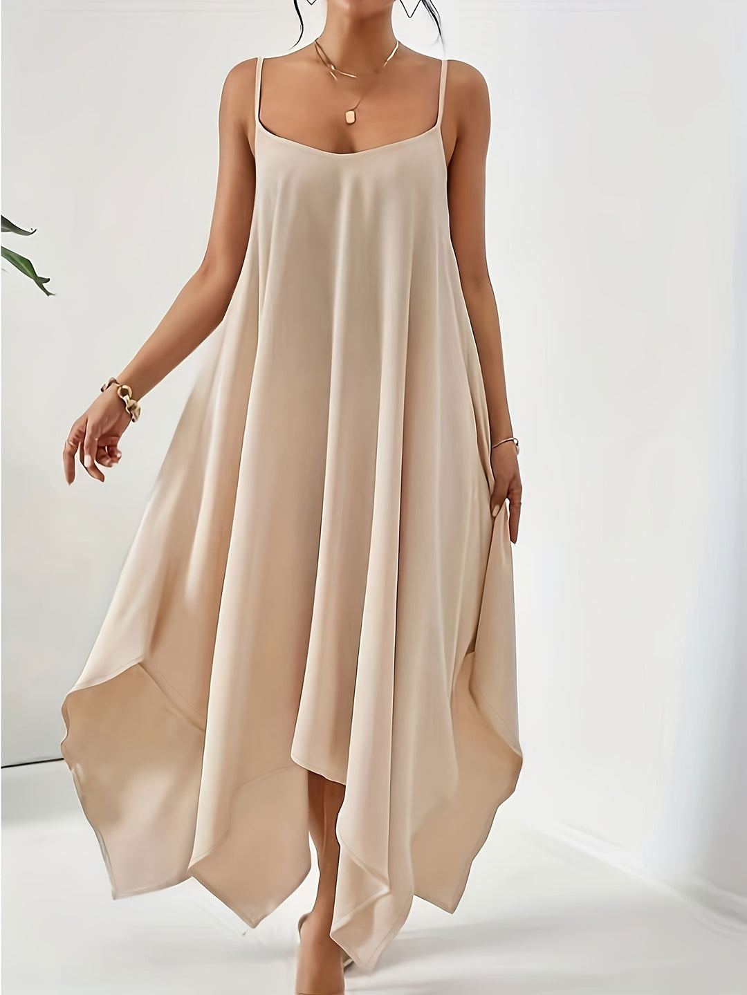 Damen luftiges Maxikleid mit asymmetrischem Saum und feinen Spaghettiträgern Drune
