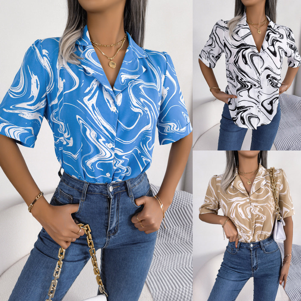 Damen Kurzärmlige Bluse mit modernem Marmor-Muster Drune