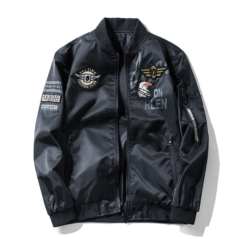 Men's  satin aviator patch bomber jacket with embroidered badges zip sleeve pocket and ribbed trims Drune