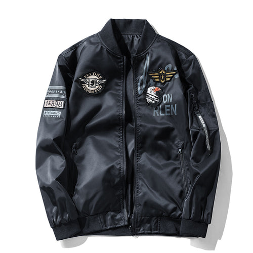 Men's  satin aviator patch bomber jacket with embroidered badges zip sleeve pocket and ribbed trims Drune