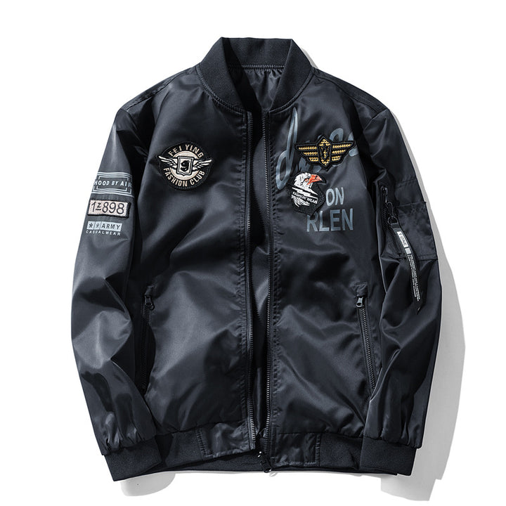 Men's  satin flight-style bomber jacket with embroidered patches and zip utility sleeve pocket Drune