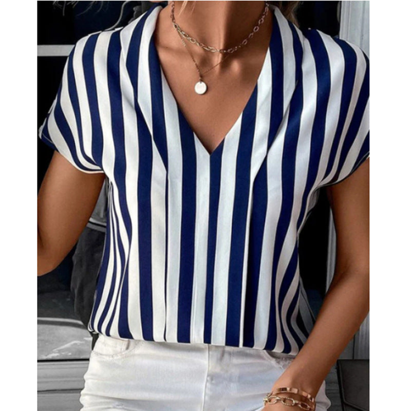 Damen nan V-Ausschnitt Blusenshirt mit vertikalem Streifenmuster und fließender Satinoptik Drune