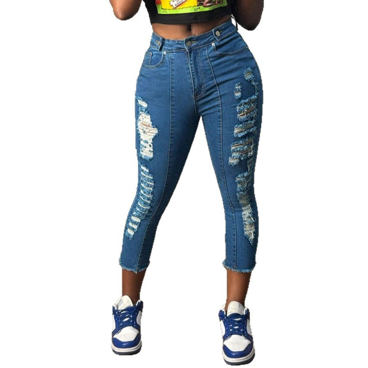 Damen hochgeschnittene knöchellange Skinny-Jeans mit großzügigen Zerrdetails und rohem Saum Drune