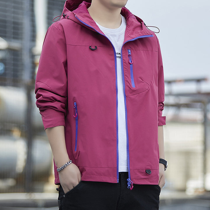 Herren leichte Urban-Softshell-Kapuzenjacke mit kontrastierenden Reißverschlüssen, Brusttasche und verstellbarem Kordelzugsaum Drune
