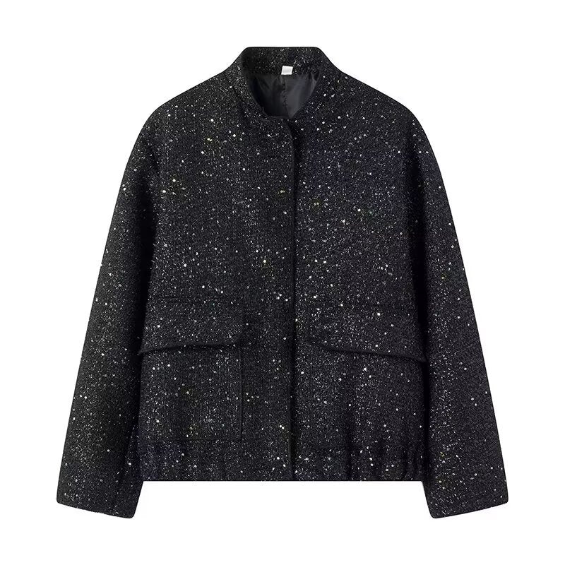 Damen nan strukturierte Boucléjacke mit Stehkragen, aufgesetzten Taschen und elastischem Saum Drune