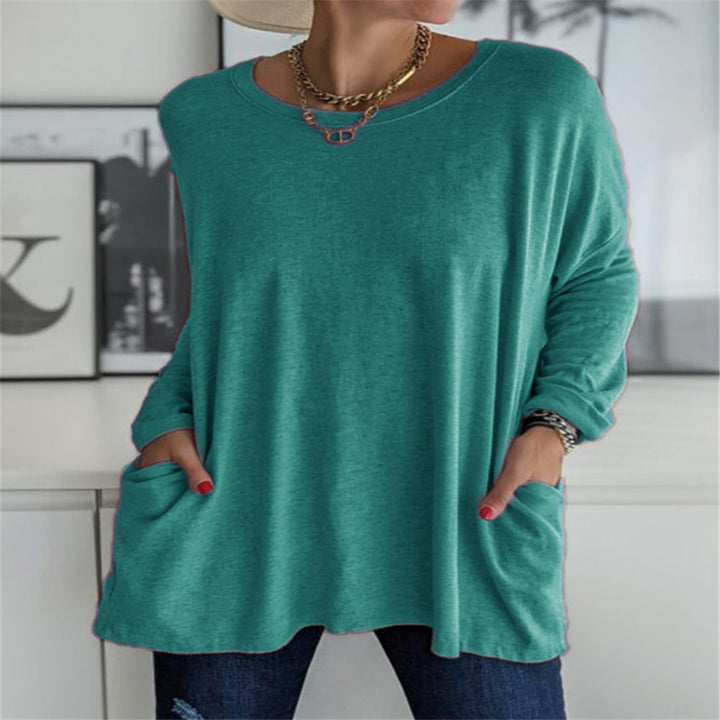 Damen nan oversized Longsleeve-Tunika mit Rundhalsausschnitt, überschnittener Schulter und aufgesetzten Taschen Drune
