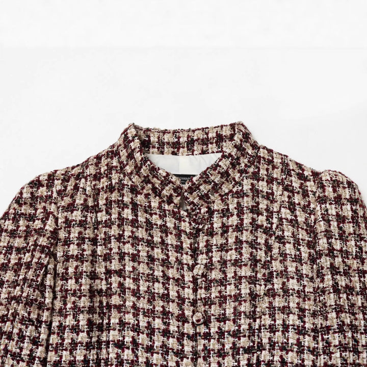 Damen nan kurz geschnittene Bouclé-Tweedjacke mit stehendem Kragen, verdeckter Knopfleiste und weichen Kunstfellmanschetten Drune