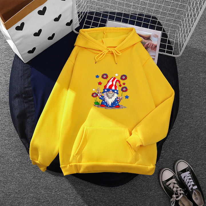 Damen nan Kapuzenpullover mit patriotischem Gartenzwerg-Print, angerautem Fleece-Innenfutter, Oversize-Schnitt und Kängurutasche Drune