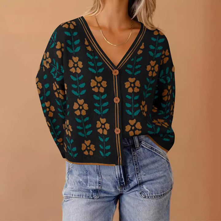 Damen Strickjacke mit floralem Design und Knopfdetails Drune