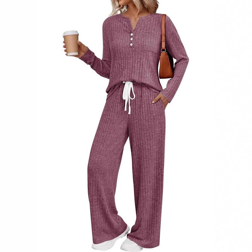 Damen Rippstrick-Lounge-Set mit Knopfleiste und weitem Kordelbund-Hose Drune