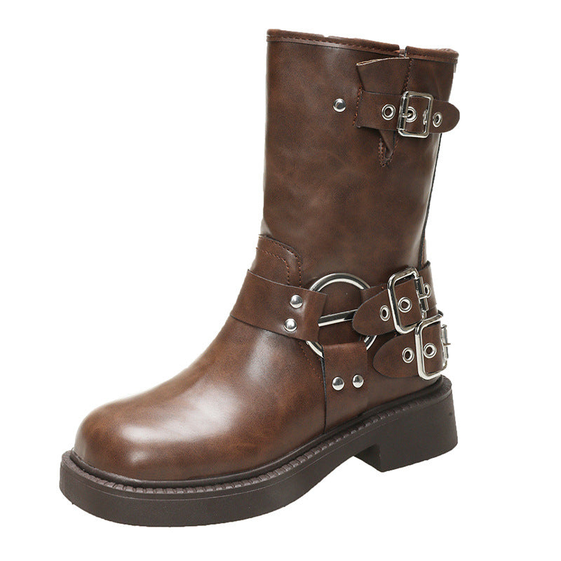 Damen Stiefel mit modischen Schnallen und rutschfester Sohle Drune
