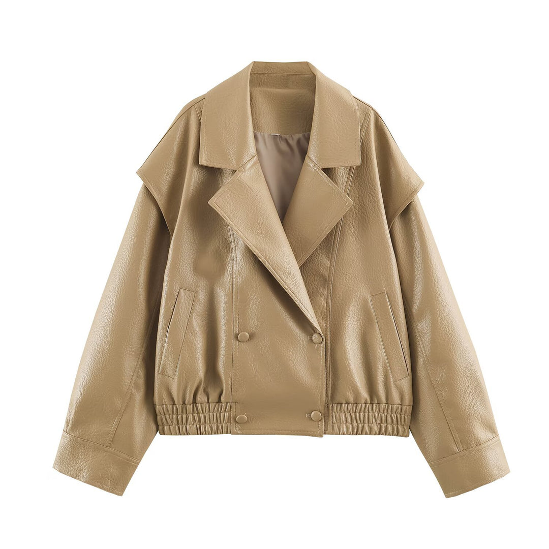 Damen Oversize Kunstlederjacke mit Doppelreihe, weitem Revers und elastischem Saum Drune