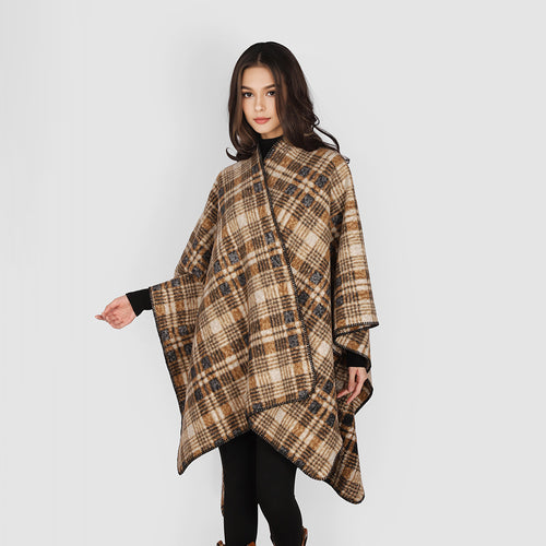 Damen Oversize-Karo-Cape aus weichem Wollmix mit kontrastierter Kettelnaht Drune