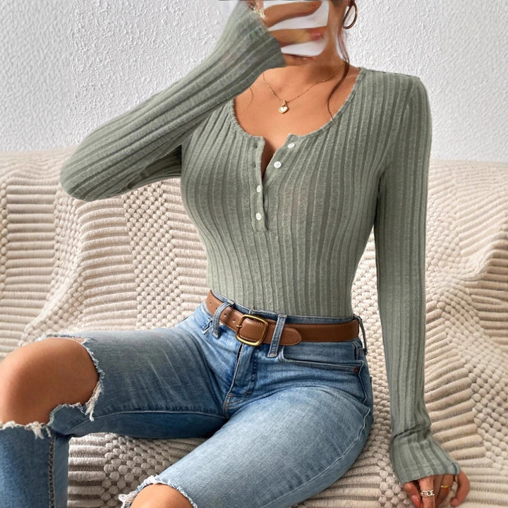 Damen Gerippter Feinstrick-Body mit Henley-Knopfleiste und taillierter Passform Drune