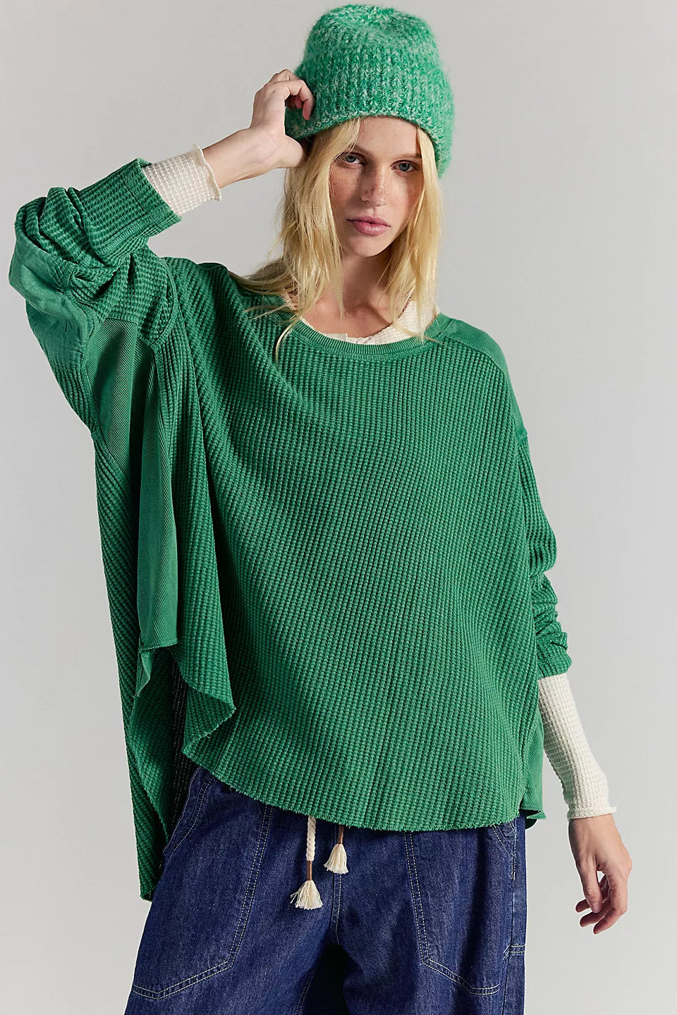 Damen Oversized Waffelstrick-Pullover mit weitem Schnitt und tiefem Raglan Drune