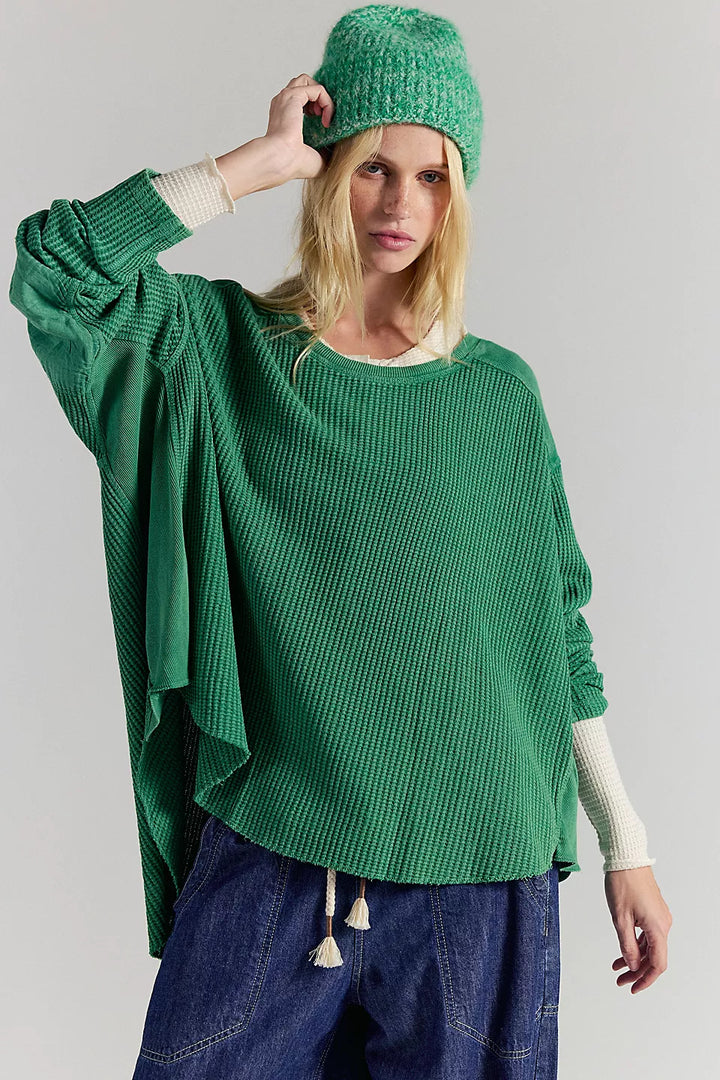 Damen Oversized Waffelstrick-Pullover mit weitem Schnitt und tiefem Raglan Drune