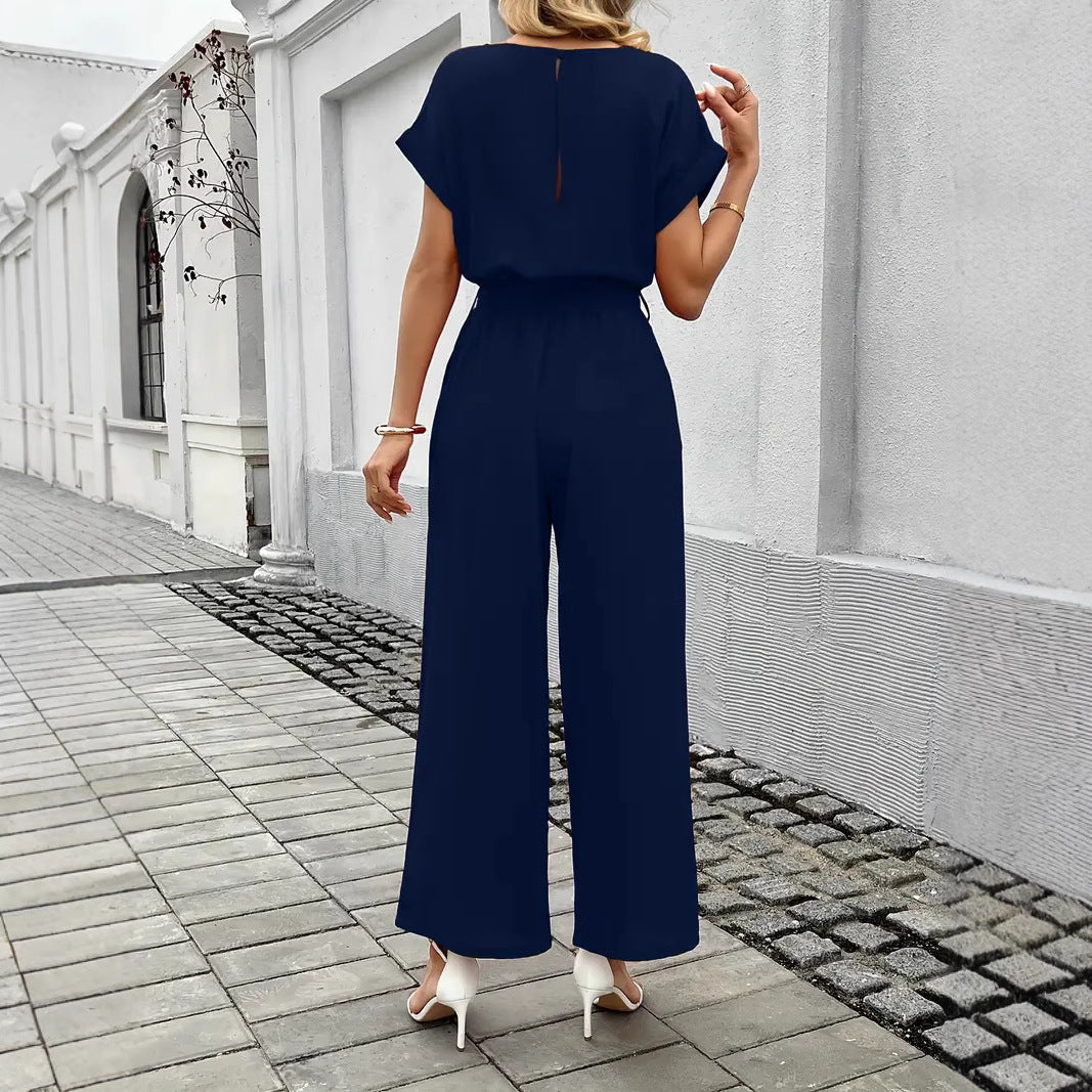Damen Eleganter Jumpsuit mit weitem Bein und Taillenknoten Drune